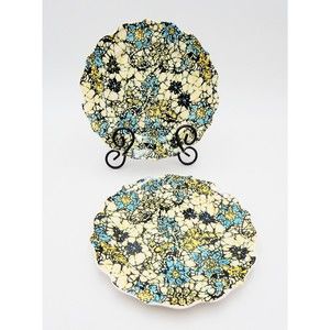 Anthropologie Web Floral Mosaic Scallop Salad Plate 8 Inch Aqua/Blue/Yellow 2 PC